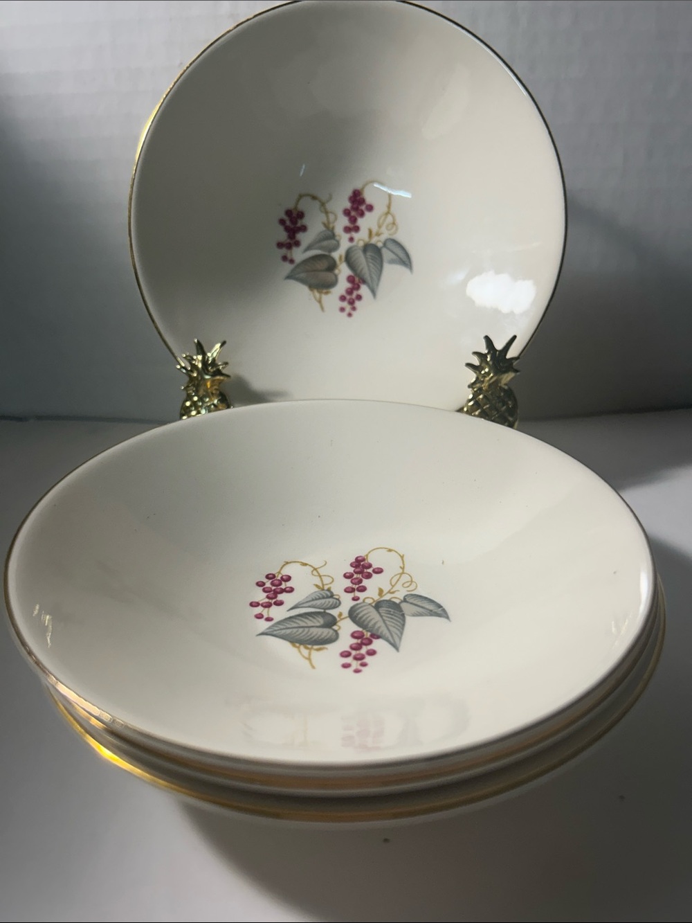 Porcelain Dessert Bowls with Pink Berry Motif and Gold Trim